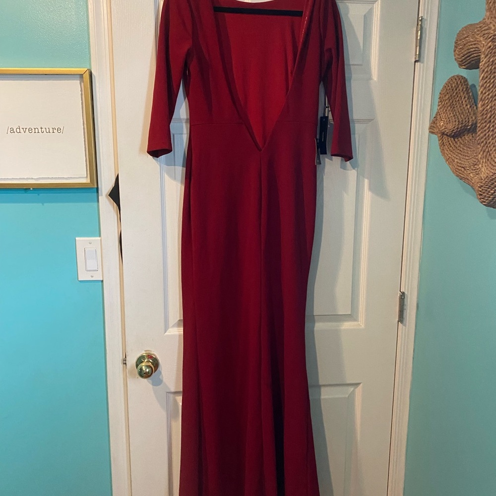 Red Plunge Neck 3/4 Sleeve Gown for Weddings